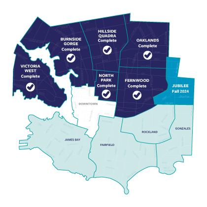 Map of Victoria neighbourhoods. Burnside Gorge, Hillside Quadra, Oaklands and Victoria West are complete. North Park, Fernwood and Jubilee are planned for spring 2024.