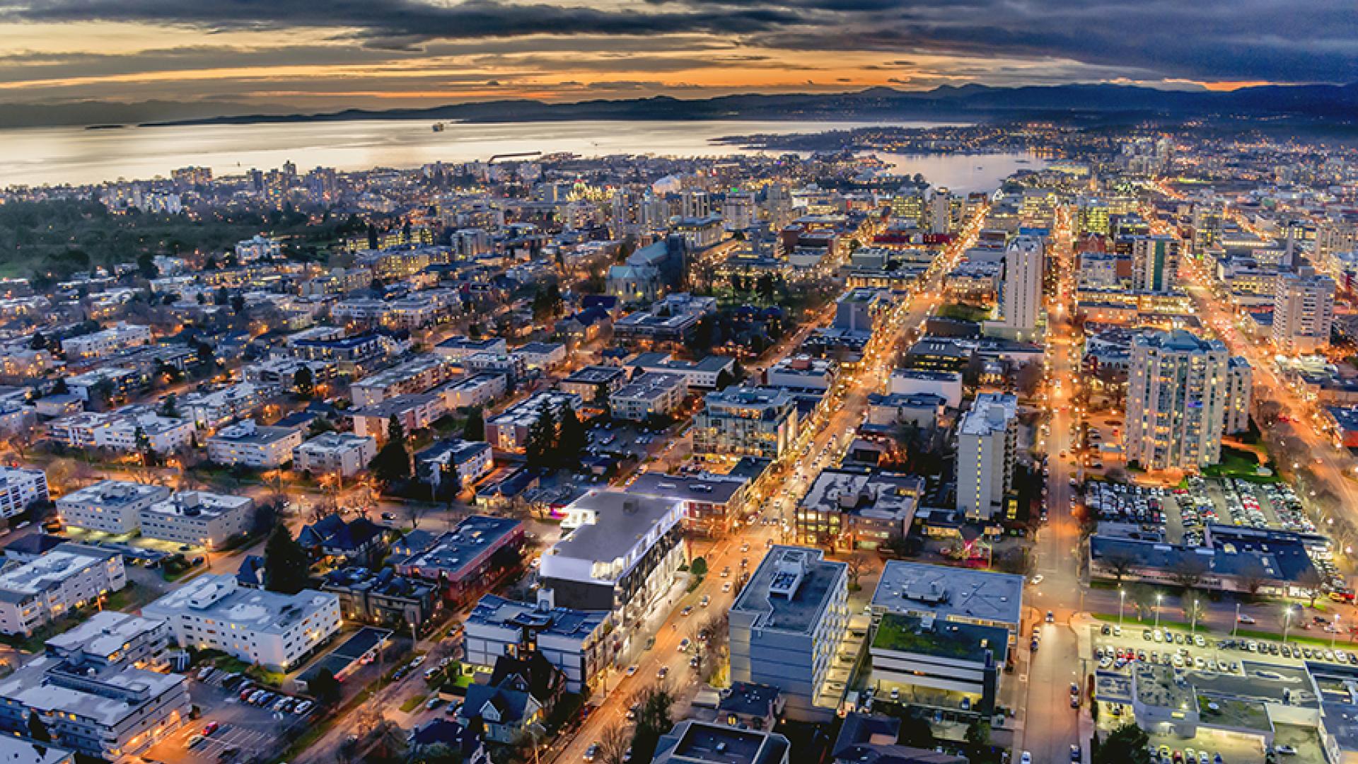 Aerial of downtown Victoria at sunset