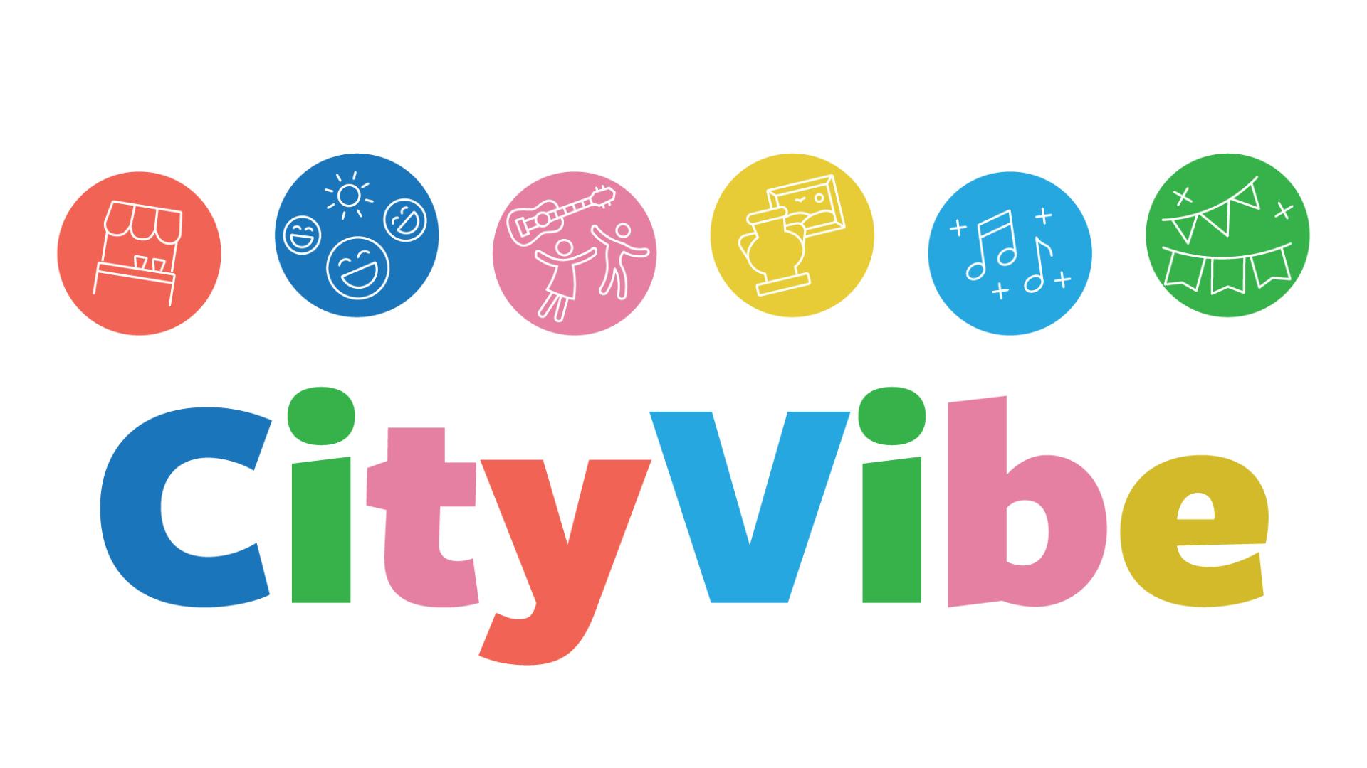 Illustration of CityVibe banner with six colour circles consisting of entertainment icons: art vendor table, smiles, two people and a guitar, food/drink, music notes and festival flags