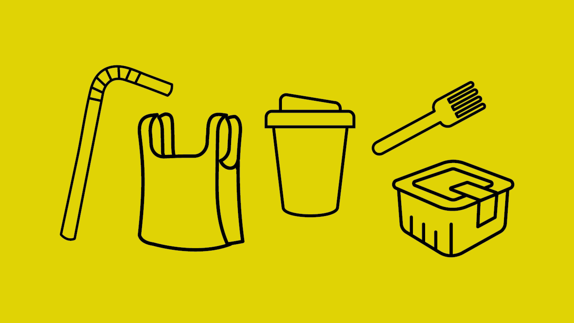 graphic of single use items: straws, plastic bags, coffee cups, utensils and containers