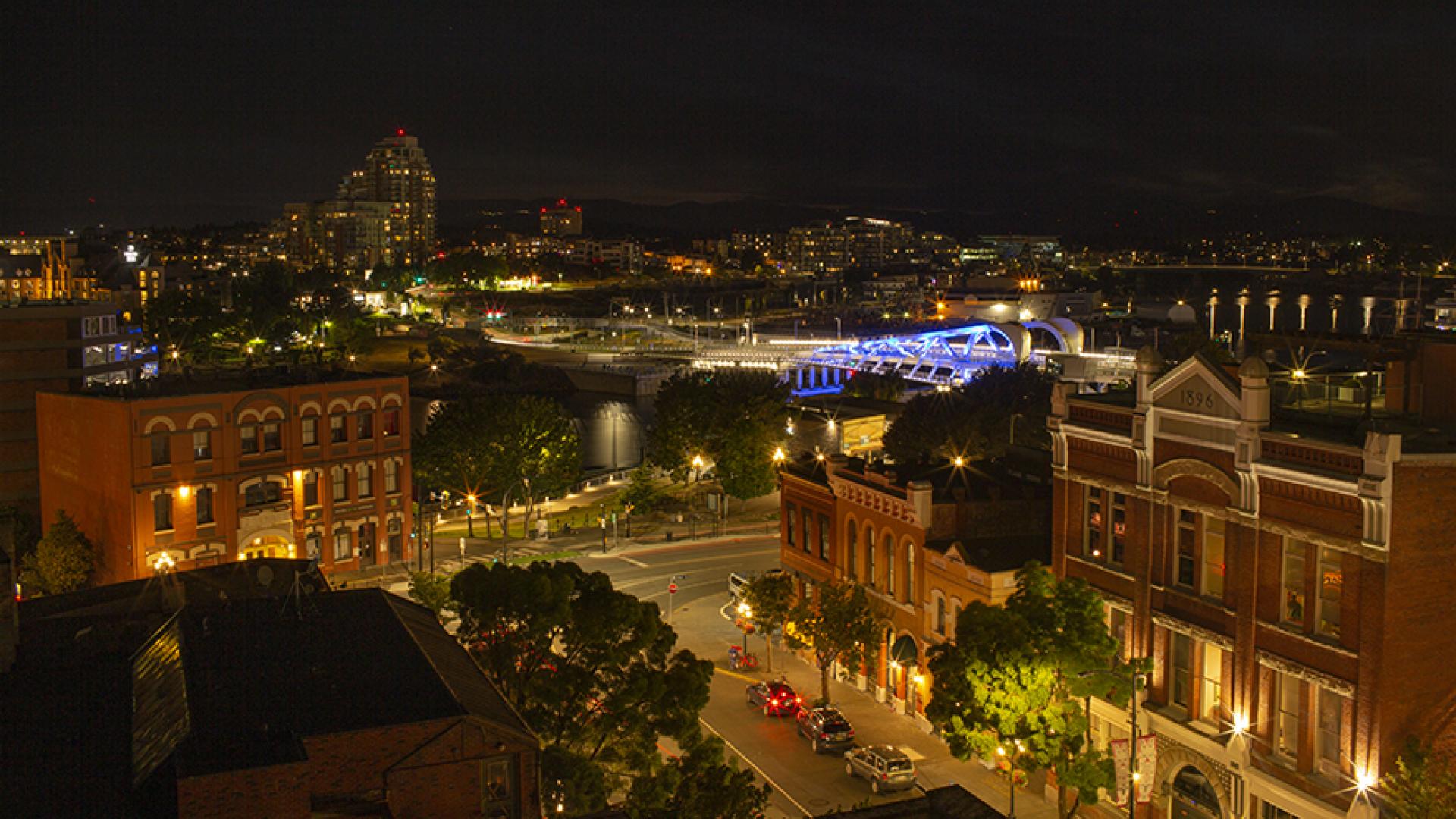 Image of Lower Johnson Street and Bridge lit up at night