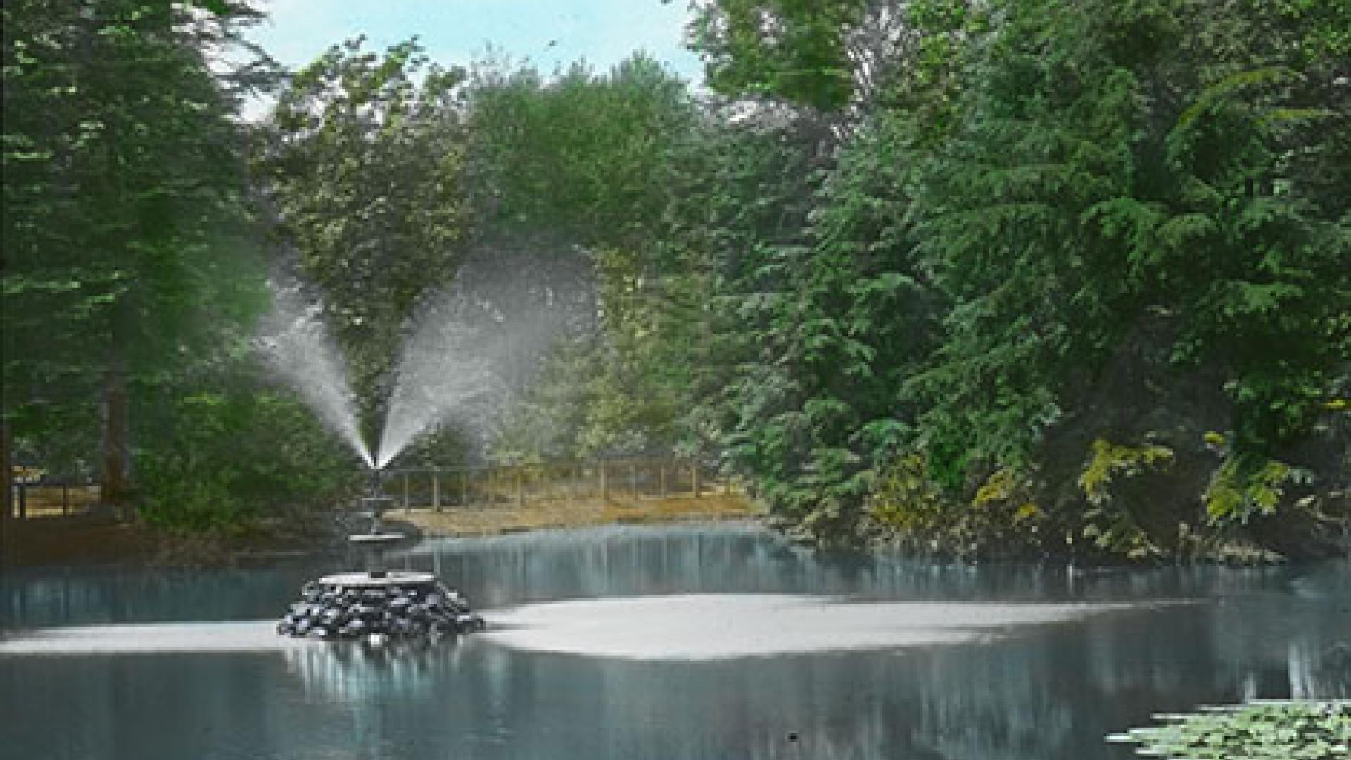 An archival image of the fountain at Goodacre Lake in Beacon Hill Park
