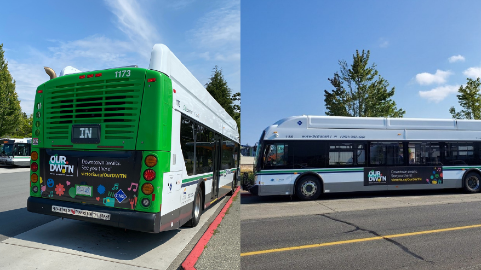 Two images of a BC Transit bus with OUR DWTN branding on the side and back. 