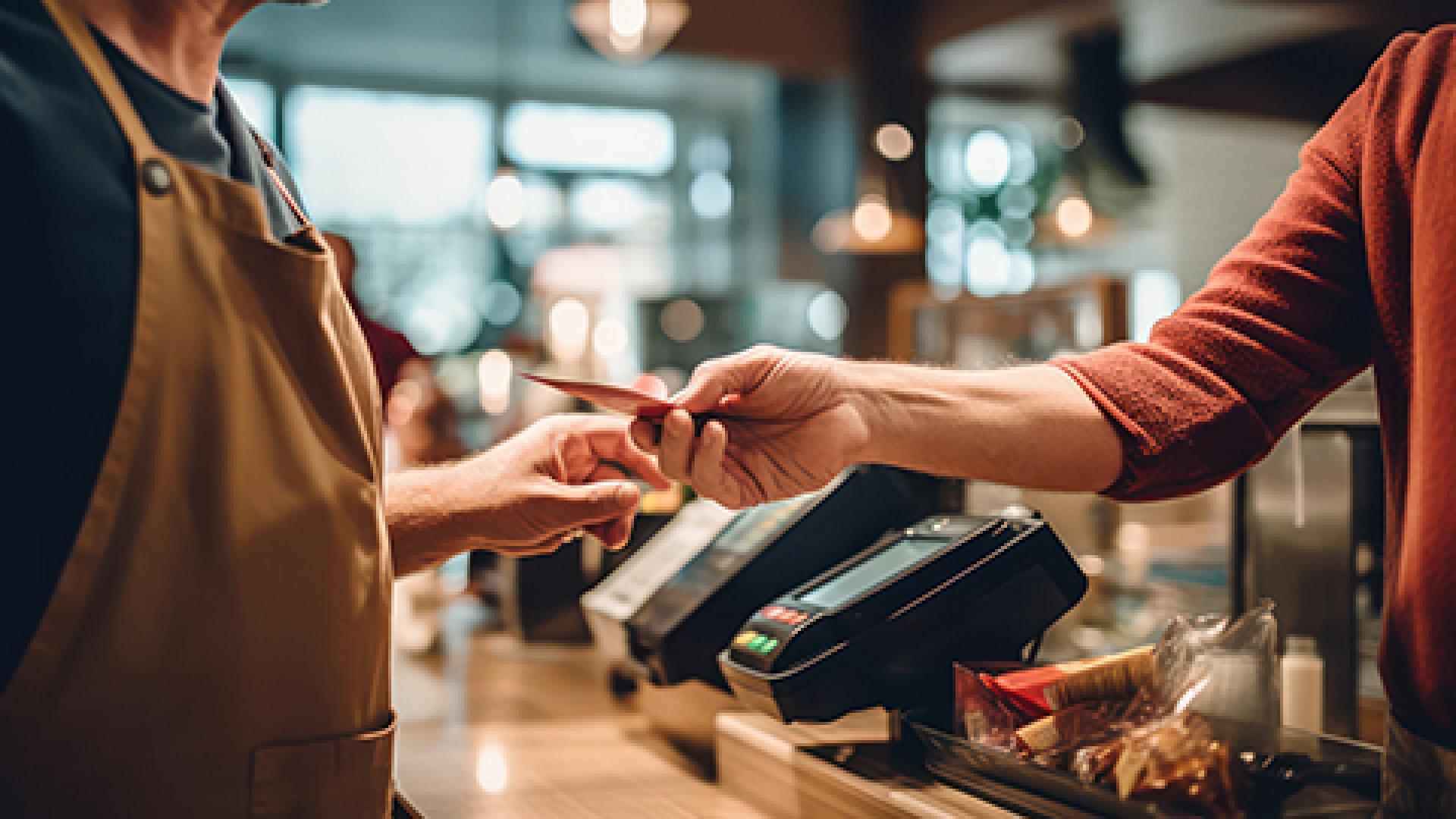 Close-up image of a money transaction in a retail store. 