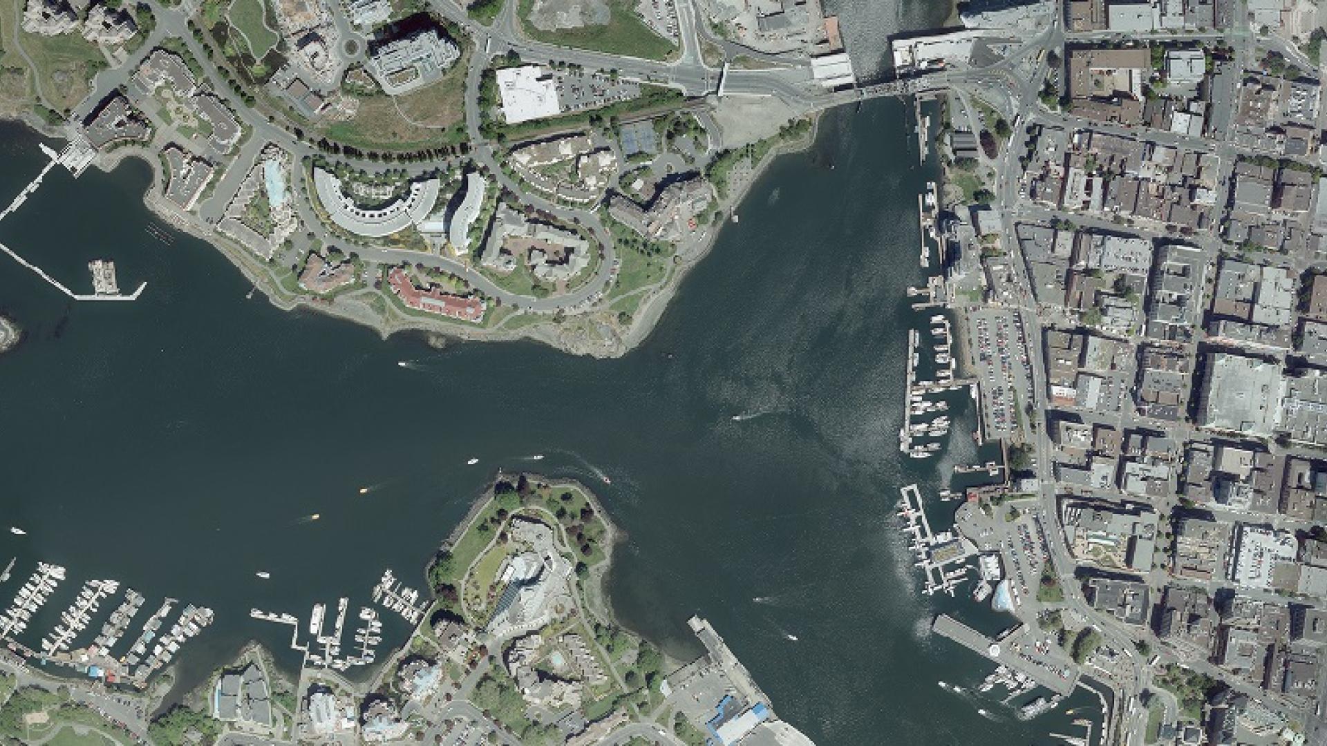 An aerial image of a portion of Victoria's inner harbour