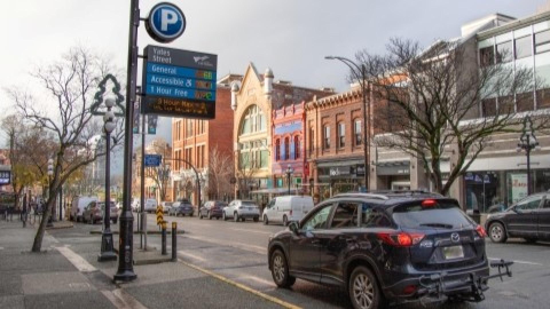 Image of digital parkade entrance sign showing how many parking spaces are available, including free 1 hr and accessible spaces