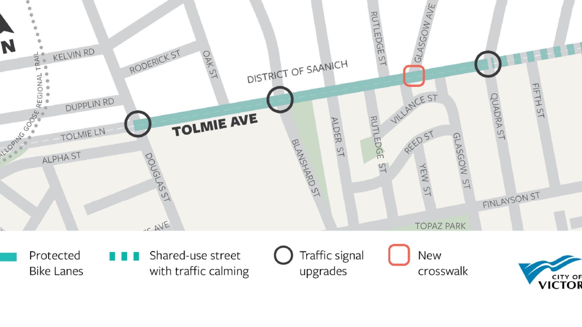 Map showing new protected bike lanes and share-use bike routes on Tolmie Ave., traffic signal upgrades at Douglas, Blanshard and Quadra St., and a new crosswalk at Glasgow Ave. 