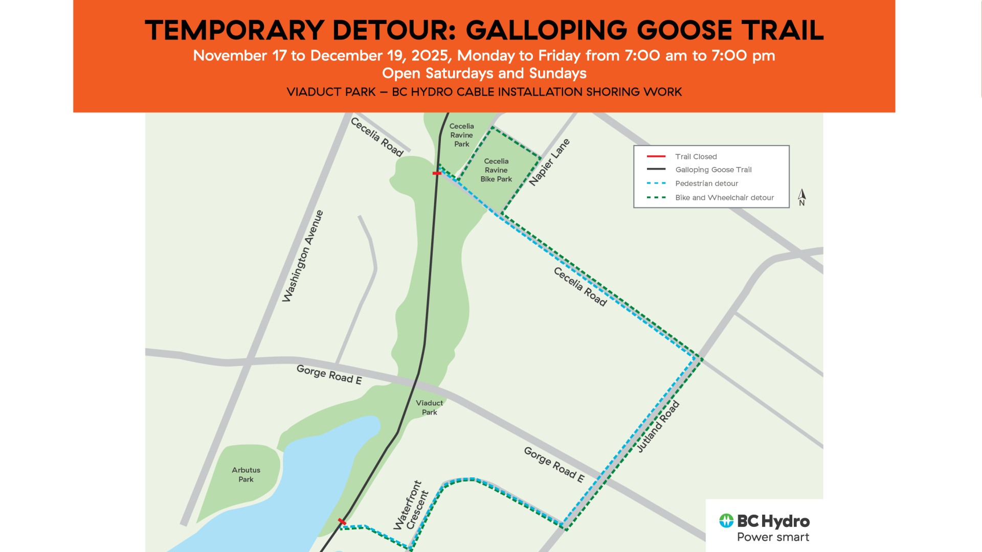 Map showing the one-kilometre detour along Waterfront Crescent, Jutland Road, Cecelia Road, Napier Lane, and the pathway along Cecelia Ravine Bike Park.