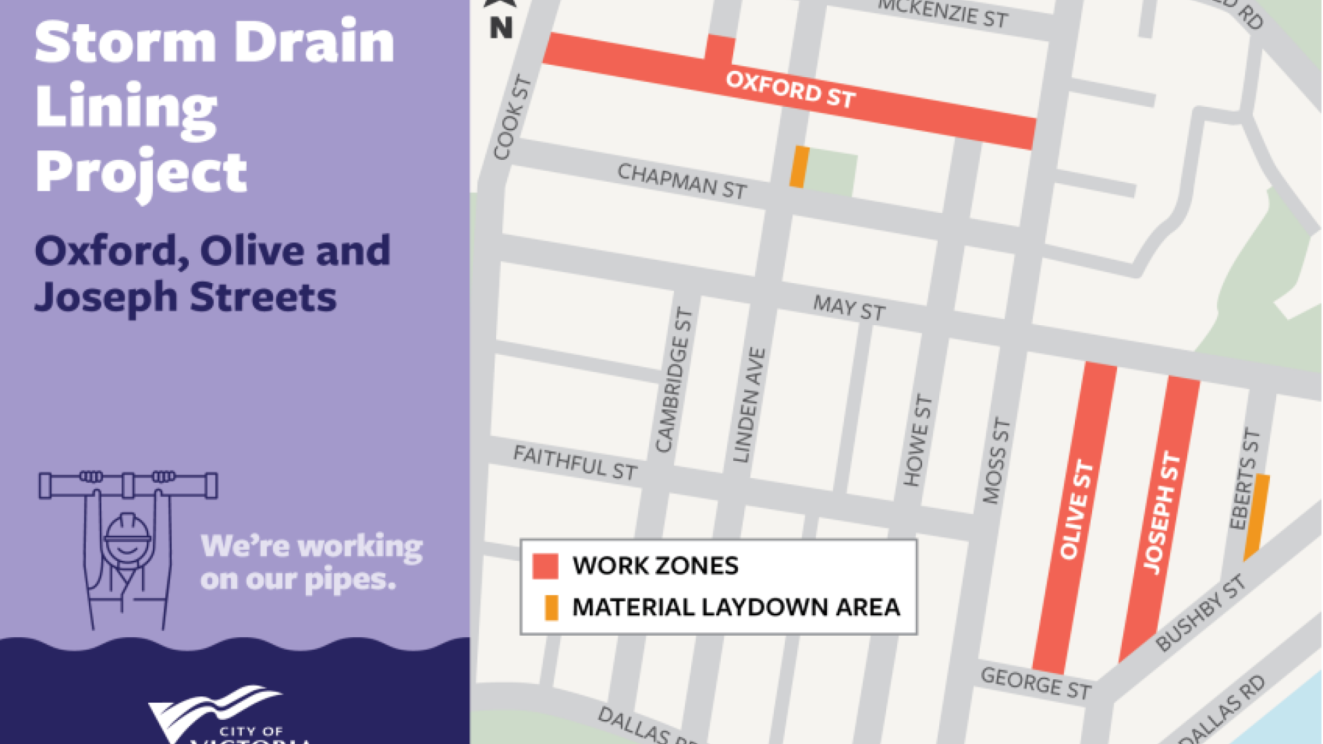 Map showing construction impacts on Olive, Oxford and Joseph Streets