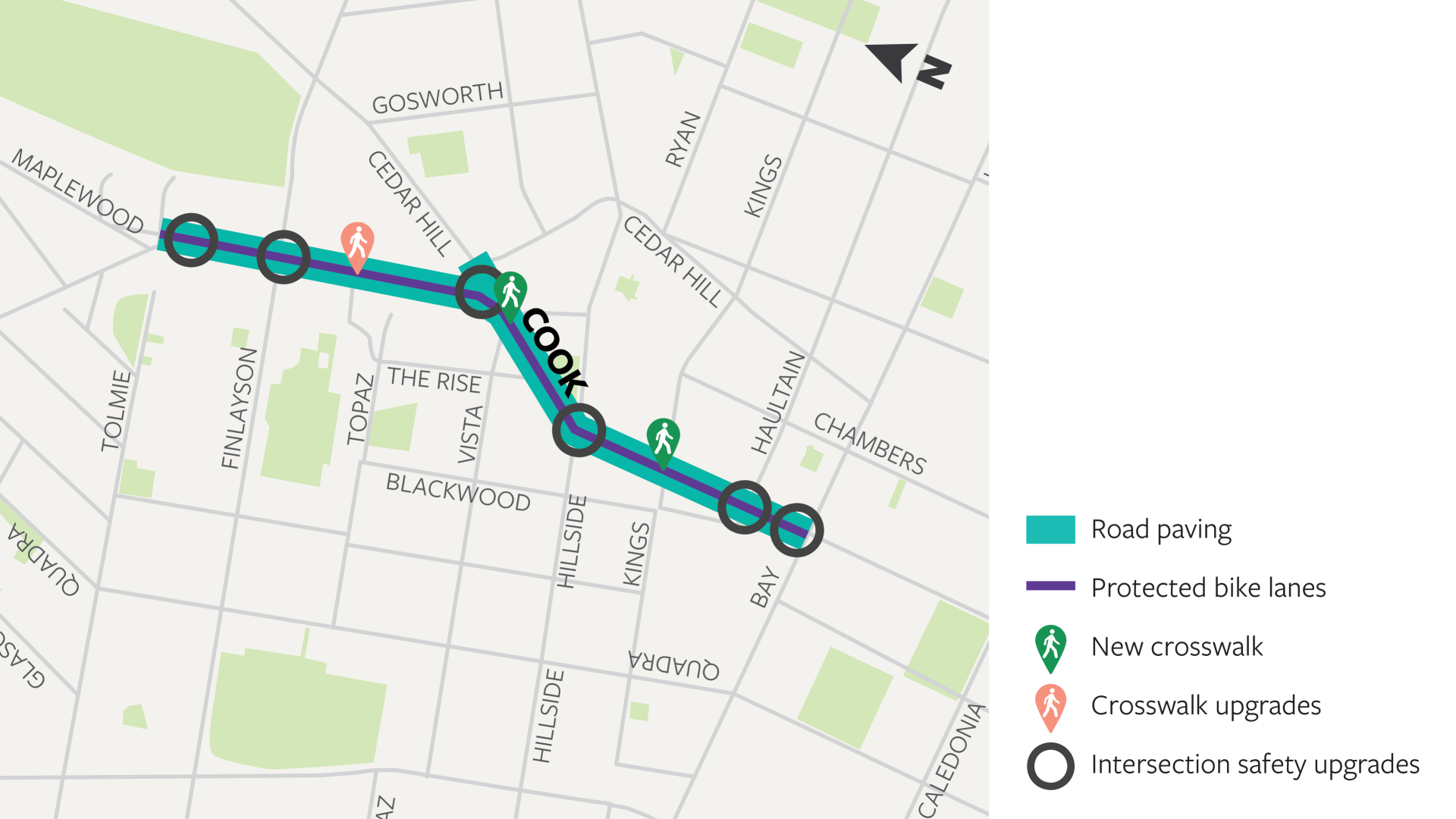 A detailed map shows road paving, bike lanes, intersection safety upgrades and new crosswalks installed along Cook Street. 