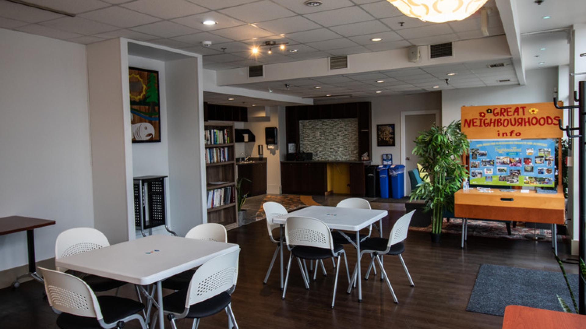 Tables, entrance, library 