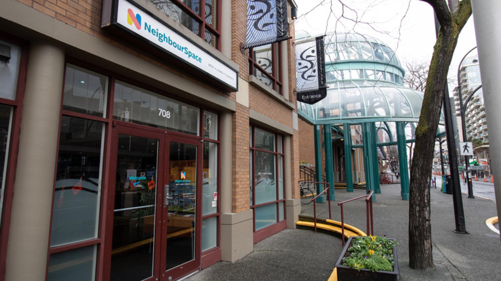 Exterior of NeighbourSpace by entrance to Victoria Conference Centre on Douglas Street