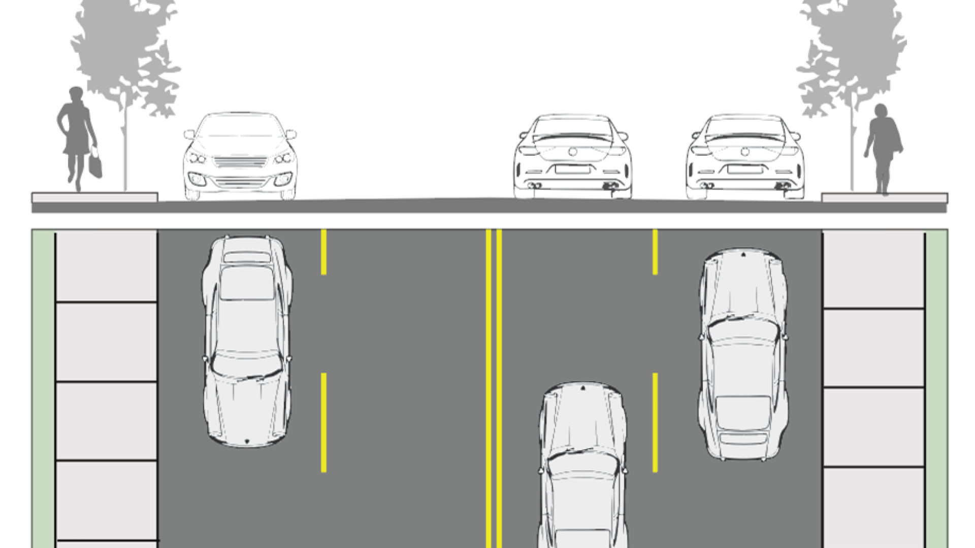 An illustration of Cook Street before the upgrades. There are two lanes of traffic going each direction and narrow sidewalks. 