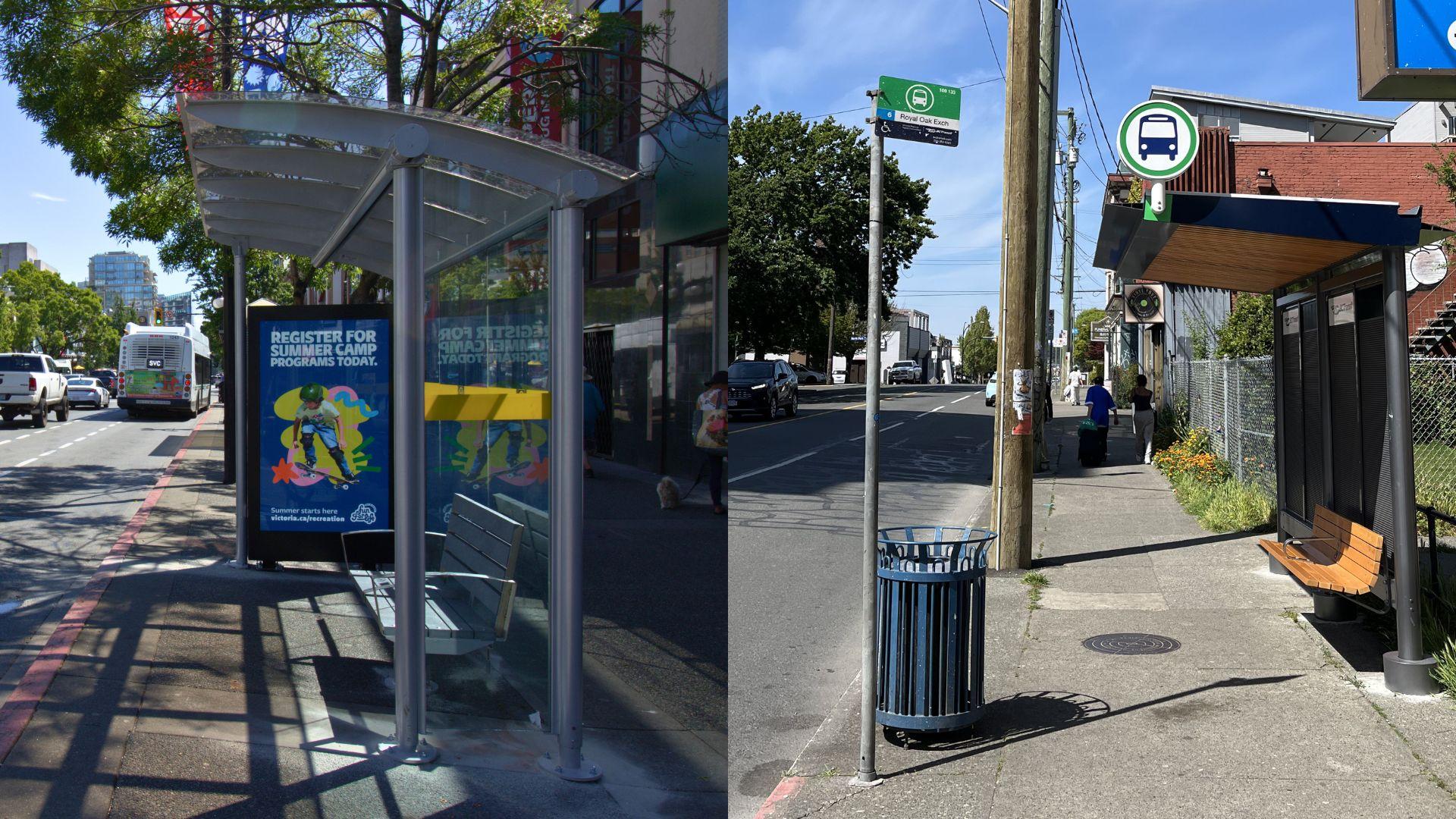 Two photos – the one on the left shows a new shelter with glass walls, a bench and a digital screen advertising Summer Camp Registration. The photo on the right shows a new BC Transit shelter with a bench on Quadra Street near Mason Street.