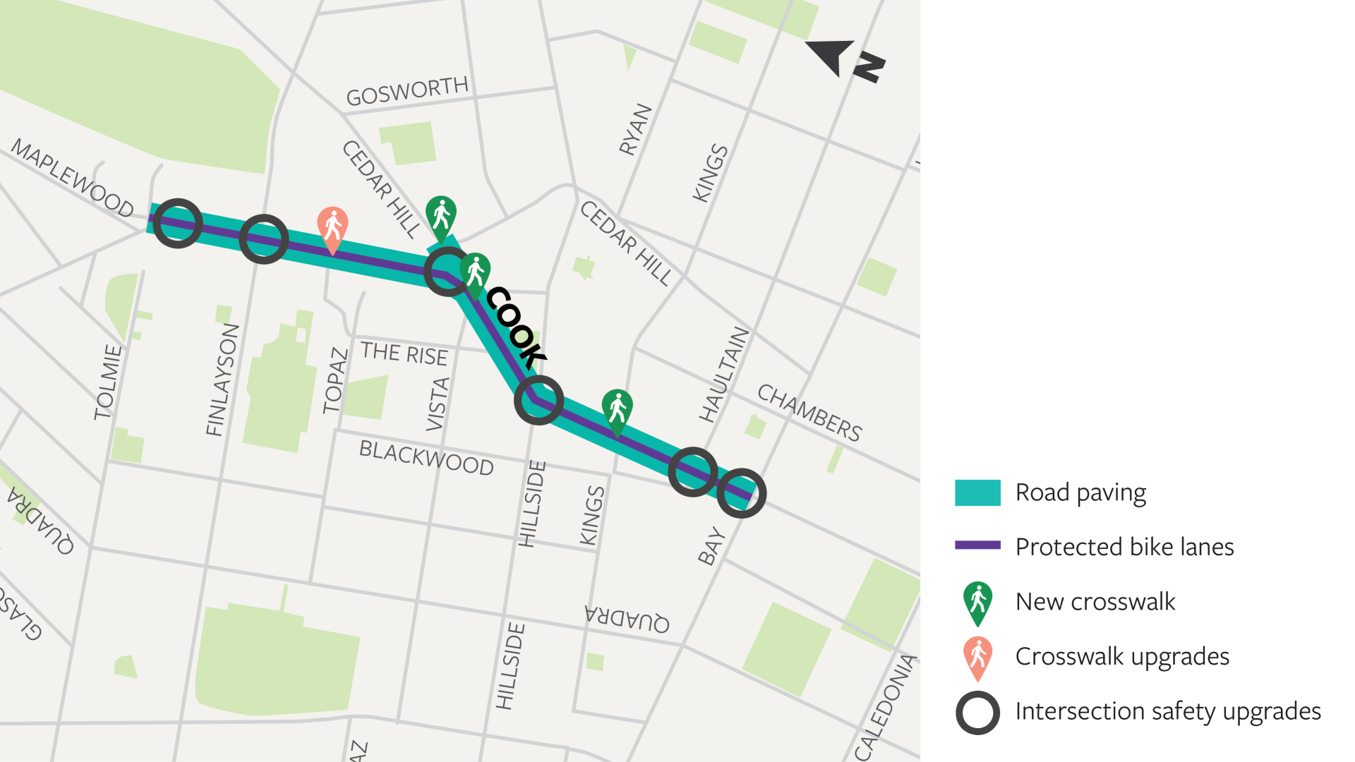 A detailed map shows road paving, bike lanes, intersection safety upgrades and new crosswalks installed along Cook Street. 
