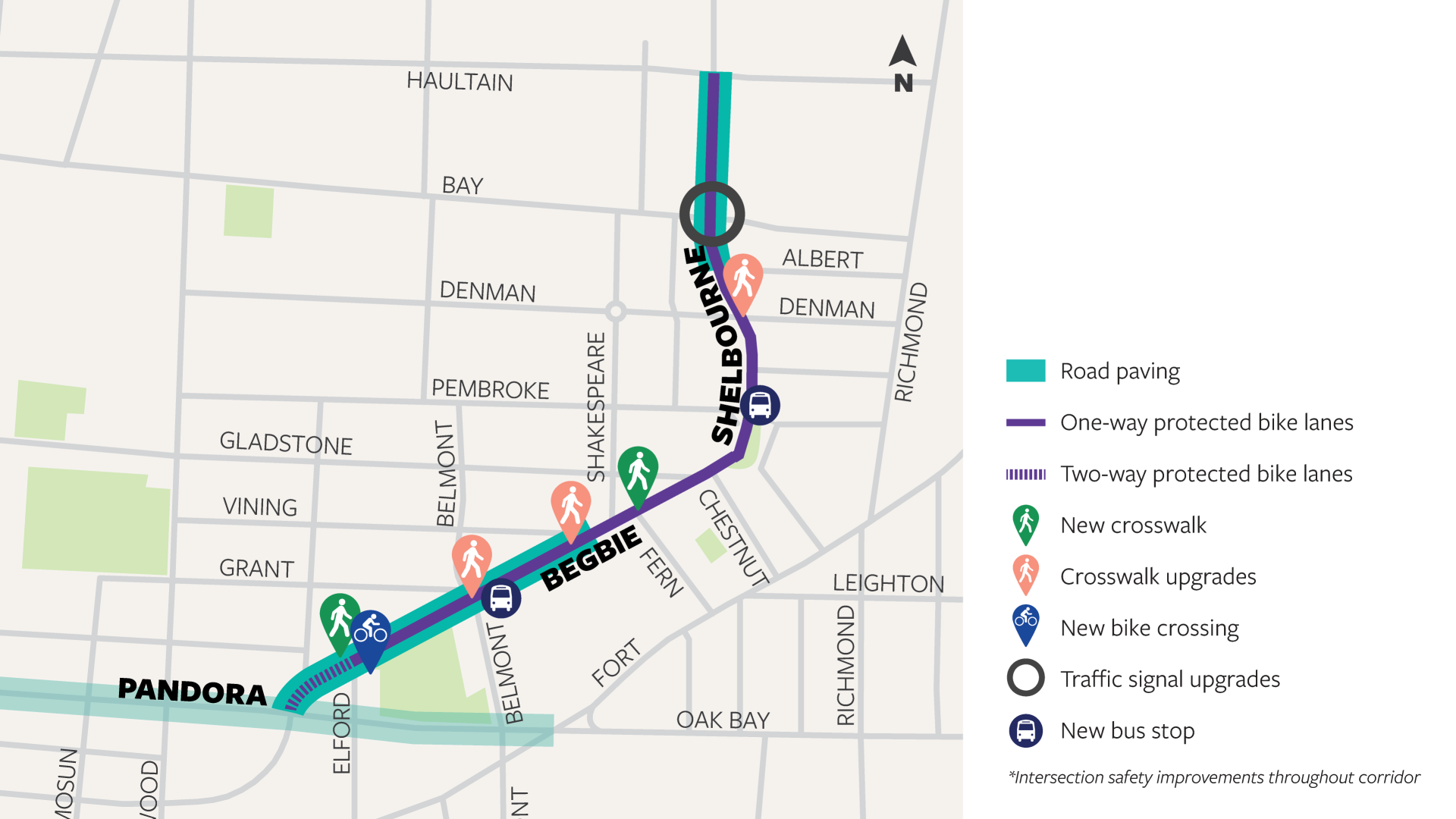 A map shows paving, bike lanes and the location of new crosswalks, bus stops and signal upgrades on Begbie-Shelbourne St. from Johnson to Haultain.