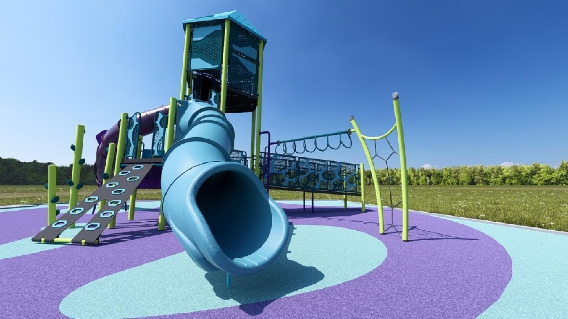 Up close of tube slide and climbing wall in the 3D drawing of proposed play structure