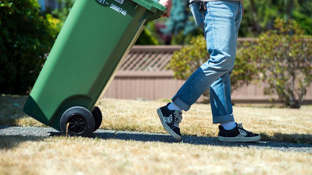 Person rolling their green bin along a path