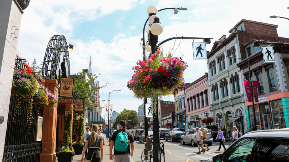 Image of busy Lower Johnson Street looking up into the downtown