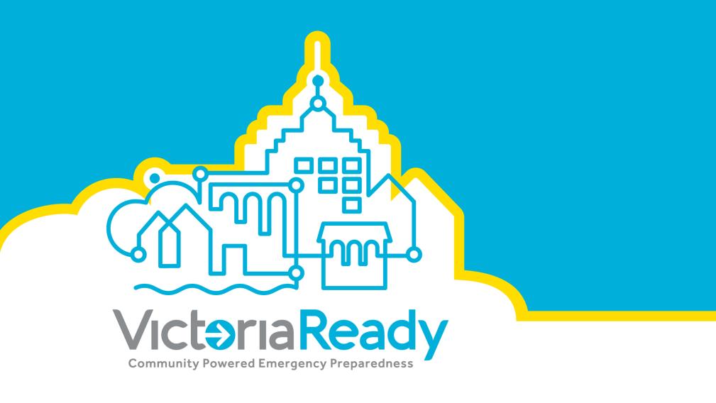Image of the VictoriaReady logo, with text that reads: VictoriaReady, Community Powered Emergency Preparedness. There is a stylistic image outlined in blue depicting City Hall, a park, building and a house.