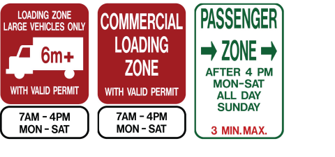 Three signs showing where permit-holders can park including a Loading Zone for Large Vehicles Only sign, a Commercial Loading Zone sign and a Passenger Zone after 4 p.m. sign. 