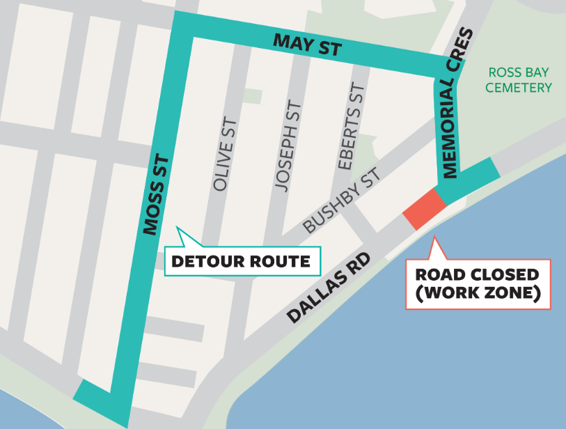 Map showing detour route via moss, may, memorial.