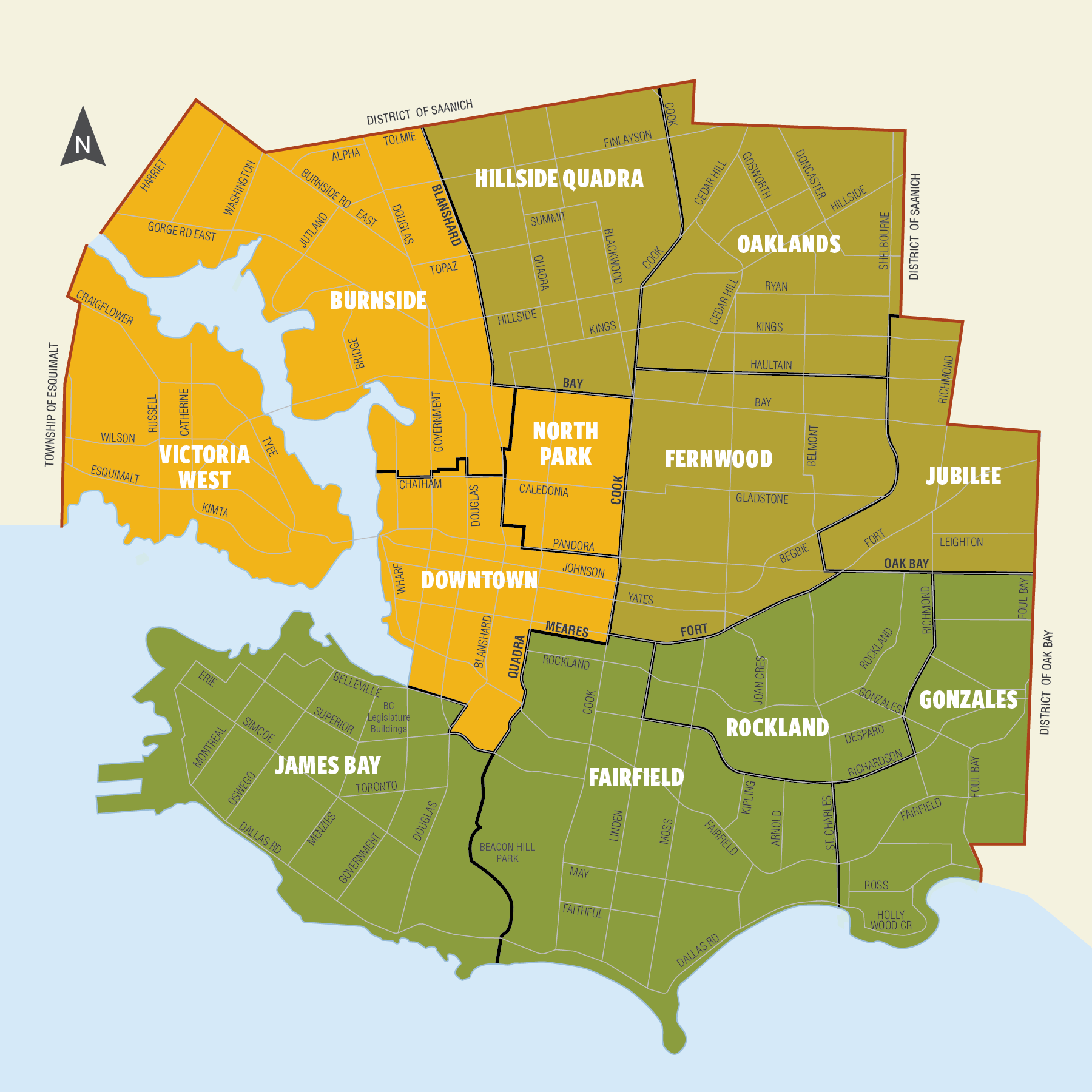 Map of Victoria neighbourhoods sectioned into three colour-coded pick up zones